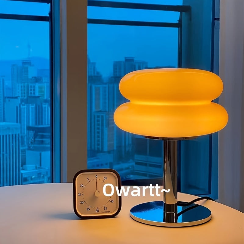 Modern USB-powered glass table lamp with dimmable feature, polished metal base, and warm ambient light for multiple rooms and uses. Ideal for nightstand, desk decor, and bedroom lamp.