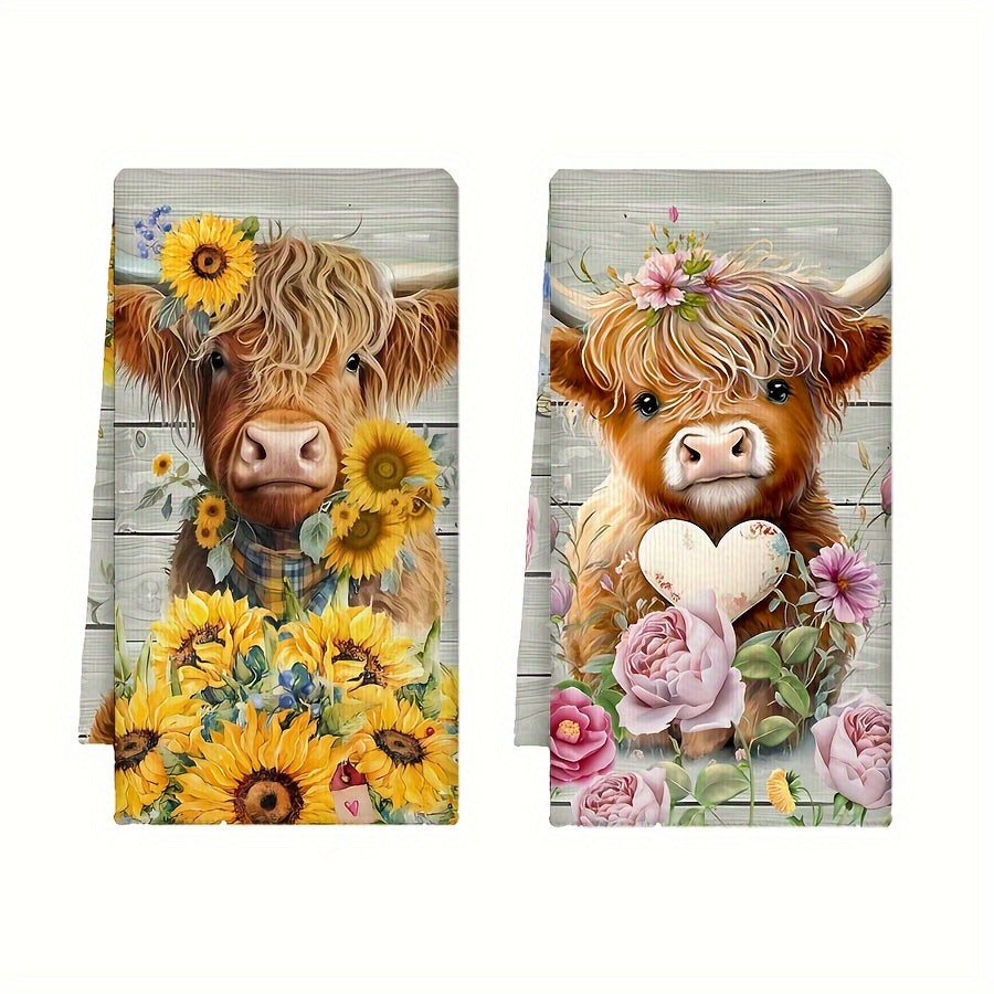 Set of two colorful hand towels with sunflower cow pattern, farmhouse style. Perfect for kitchen or bathroom use.