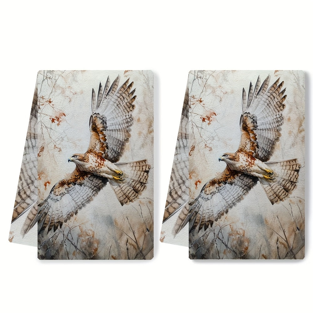 Two ultra-soft kitchen towels featuring the piercing cry of a hawk flying above. These dish towels are highly absorbent and perfect for holiday decoration. They are machine washable and measure 40.64X60.96 cm.