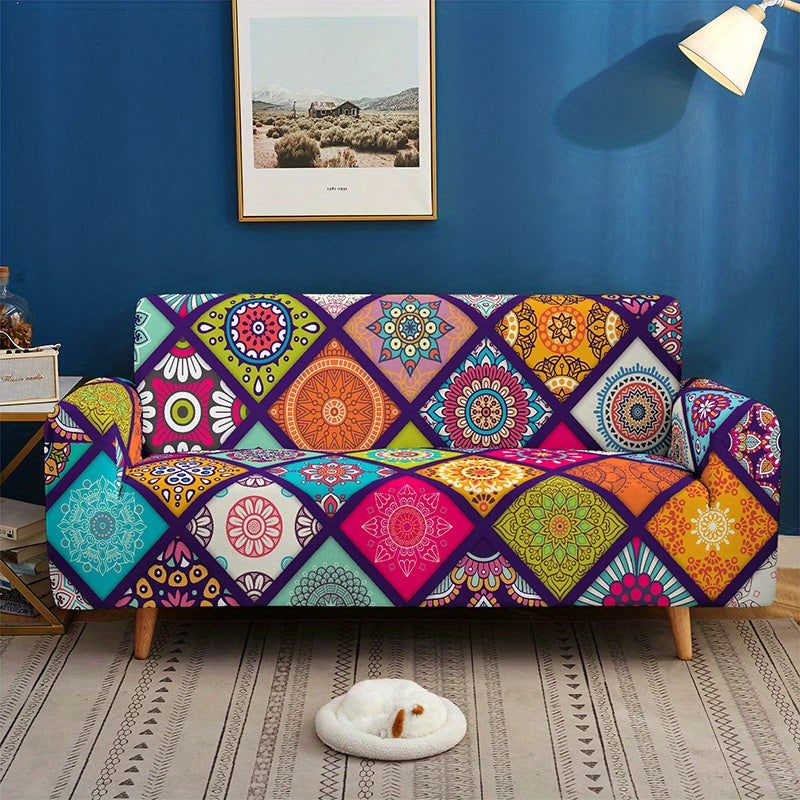 Colorful stretch sofa cover with elastic band adds a bohemian touch and protects furniture.