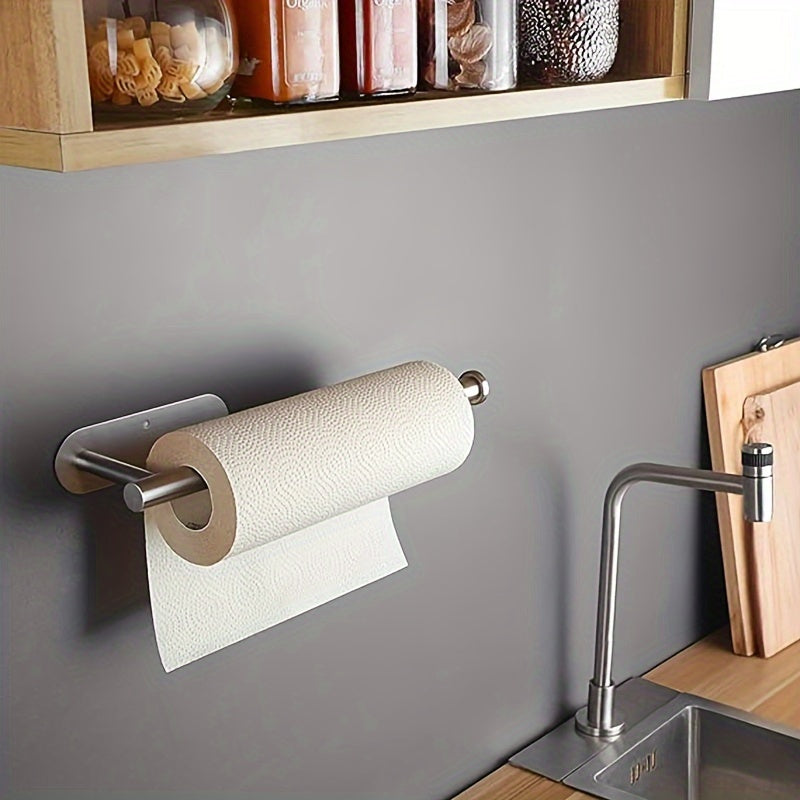 Paper Towel Holder for Under Cabinet Mounting, Versatile Silvery Design with Optional Drilled or Self-Adhesive Installation, Stainless Steel Holder for Paper Towel Rolls, Ideal for Kitchen, Pantry, or Bathroom Organizing