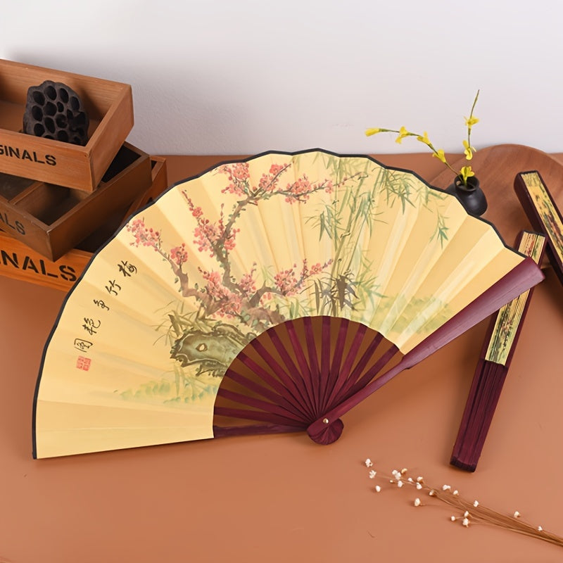 Ancient Style Chinese Fan with Exquisite Peony Plum Eight Jun Picture, 8-Inch Folding Fan