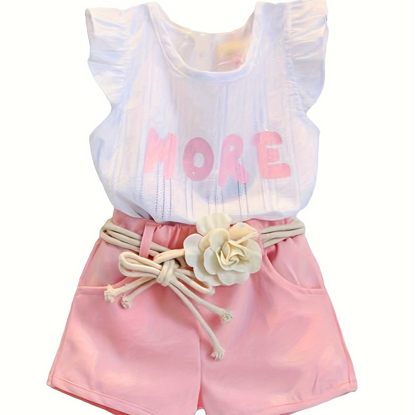 Factory direct sales of girls' cotton flying sleeve jacquard short-sleeved shirt and shorts set with flower belt princess pants