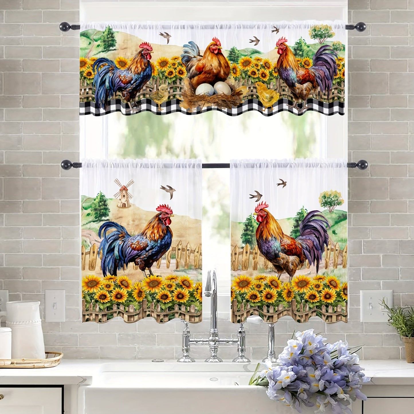 Rustic Farmhouse Chicken and Sunflower Curtain Set - 1 Valance and 2 Tiers, Pastoral Style, Rod Pocket Tulle Curtains for Bedroom, Office, Kitchen, Living Room, Study - Home Decor Window Decoration