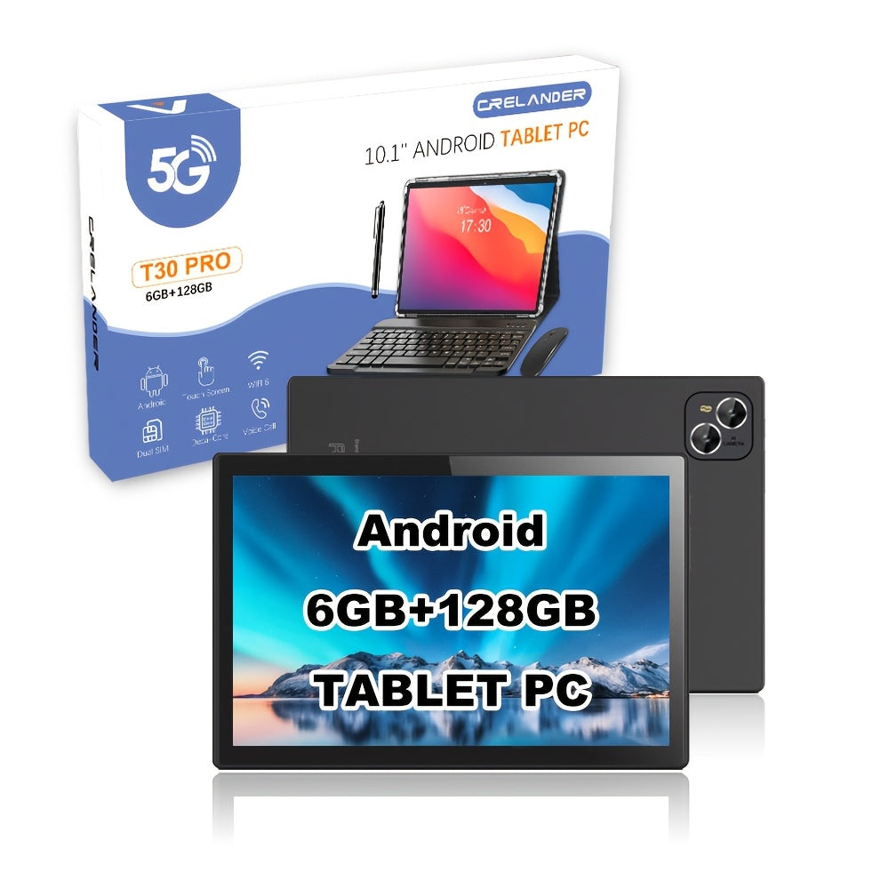 CRELANDER T30 PRO Tablet with 25.65 cm IPS screen, Deca-Core processor, 6GB+128GB RAM, Andriod OS, Dual SIM, Wifi6, metal case with stand, stylus pen, keyboard, mouse, and mini PC tablet.