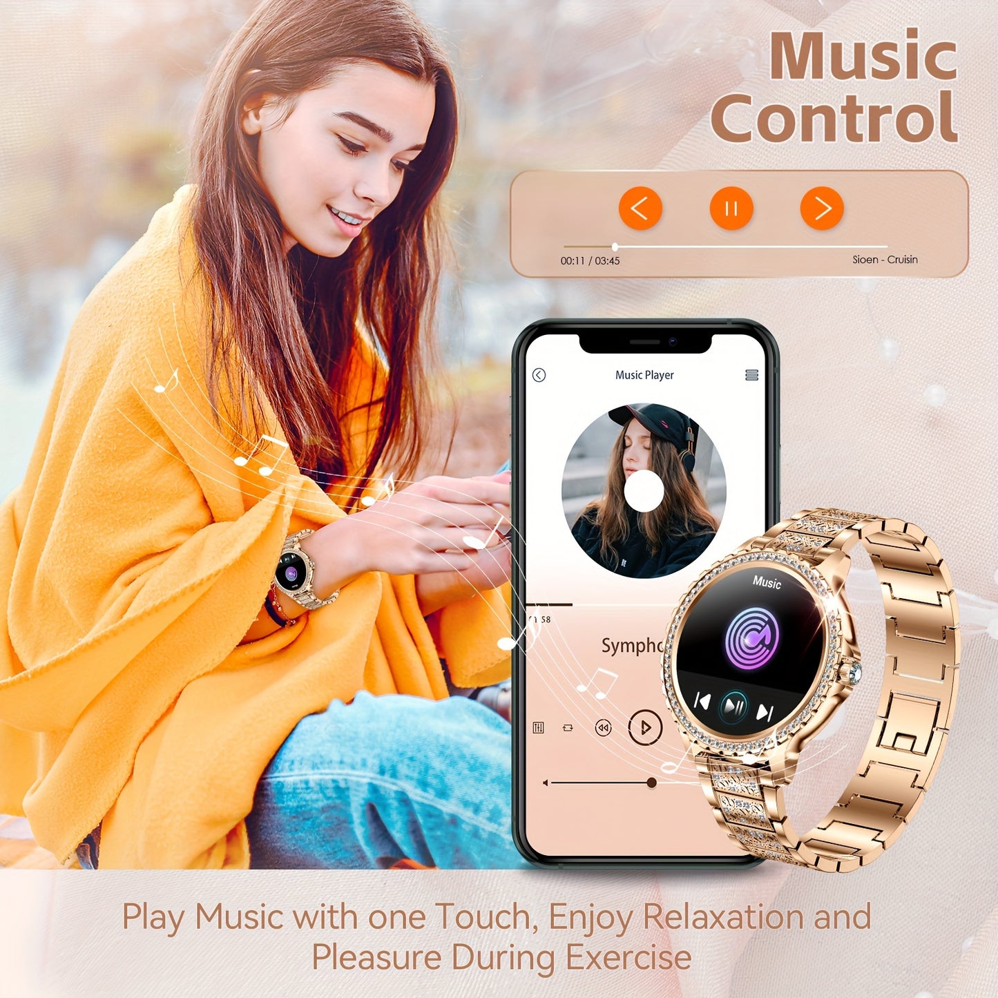 JELLOO Fashion Ladies Smart Watch for Women with 1.32-inch HD Full Touch Screen, Wireless Calls, Silicone Strap, Rechargeable Battery, Water Resistant, TFT Screen.