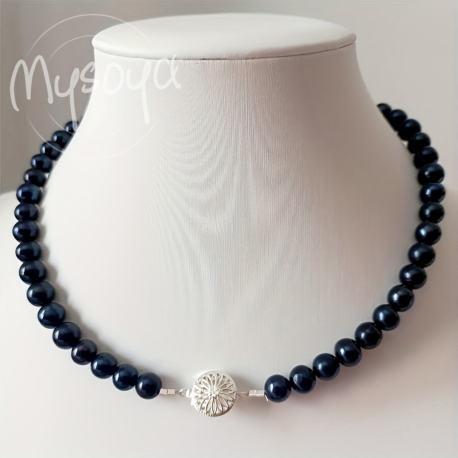 Deluxe Midnight Blue Freshwater Pearl Necklace, featuring 8-9mm Natural Pearls and a Silvery Flower Clasp. June Birthstone, suitable for both Daily Wear and Special Occasions. Comes in a Gift Box, making it a perfect Valentine's Day gift for Him or Her.