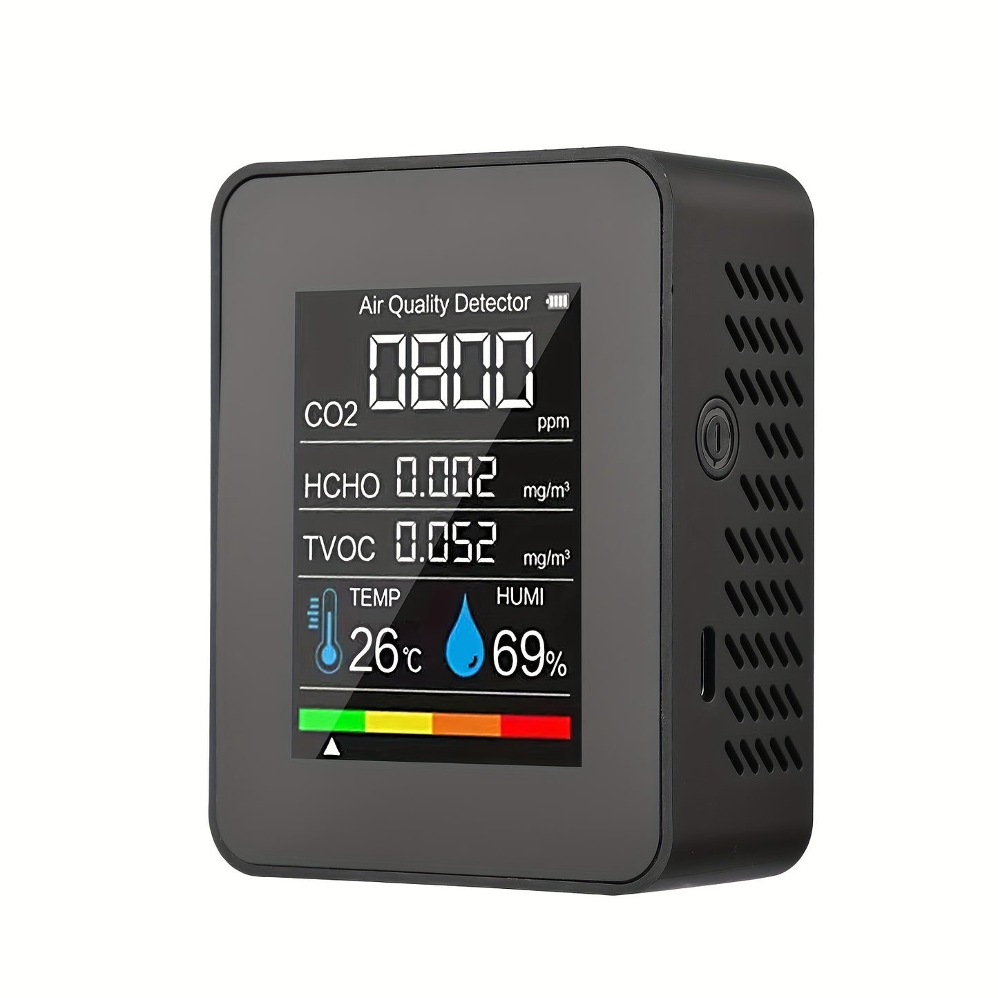 Portable CO2 detector with temperature, humidity, TVOC, and HCHO detection, rechargeable, suitable for travel and home use.