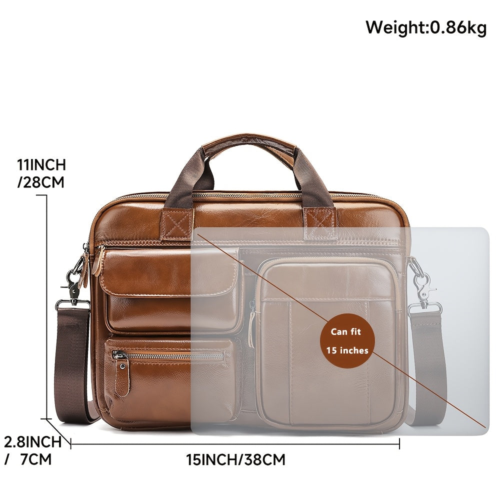 Men's leather business travel briefcase with adjustable shoulder strap, laptop compartment, multiple zippered pockets, in brown top grain cowhide.