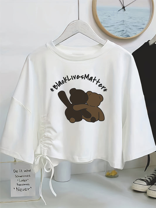 Stylish bear print crop top for women, machine washable.