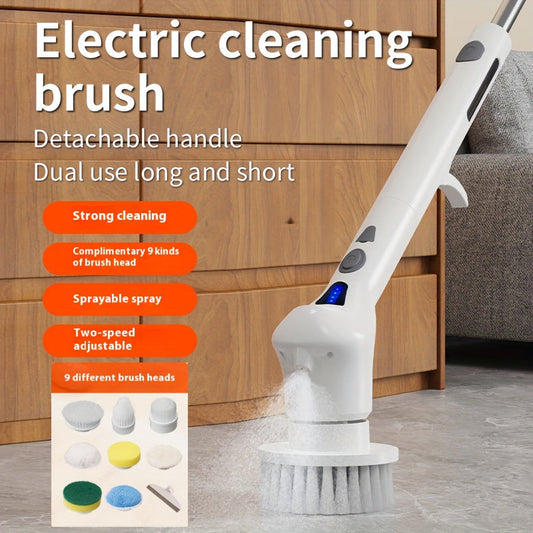 9-in-1 Electric Rotating Cleaning Brush with Spray Function, IP56 Waterproof Wireless Design. Includes 9 Replaceable Brush Heads and Extended Handle. Ideal for Toilets, Bathrooms, Bathtubs, Tiles, Floors, Wooden Floors, and Cars.