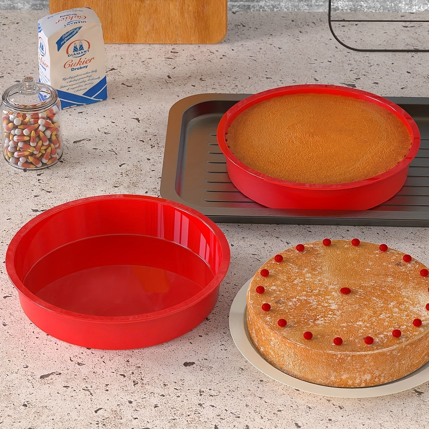 Two pieces of silicone round cake pans measuring 20.32 cm in diameter, featuring a nonstick surface. Ideal for baking cakes and brownies.