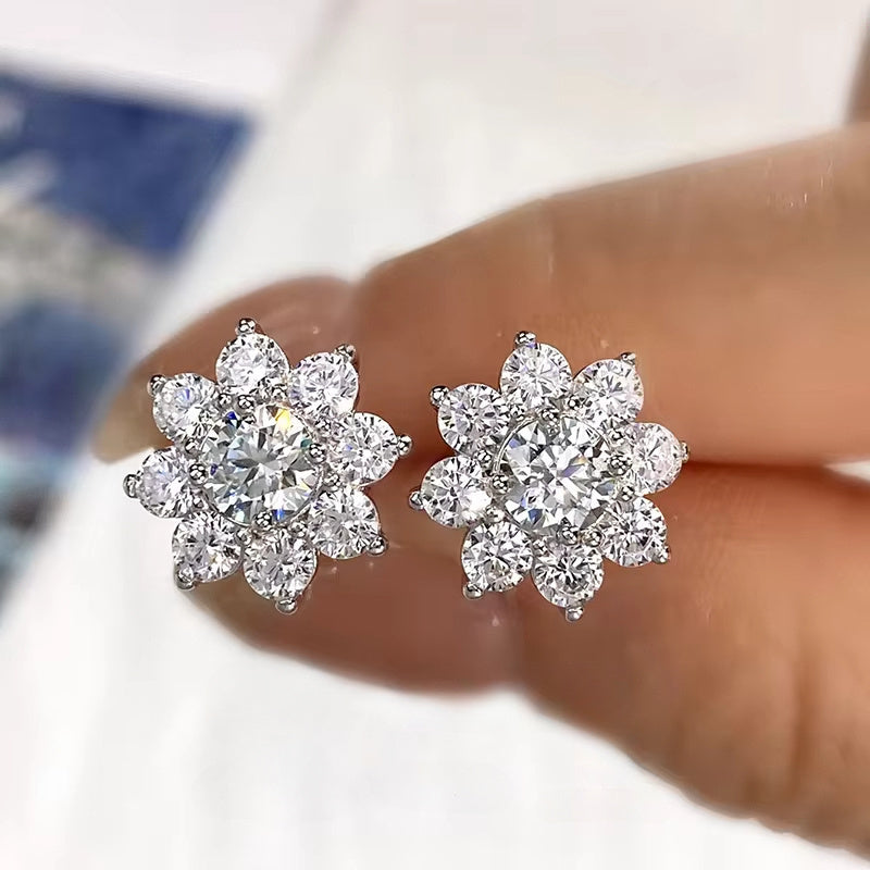 Elegant Spark Grow Moissanite Flower Earrings crafted from 925 Sterling Silver. These hypoallergenic earrings are perfect for all seasons and can be worn daily or for special occasions. Each pair comes in a beautiful gift box and weighs 3.1/4.2/6/6.6g.