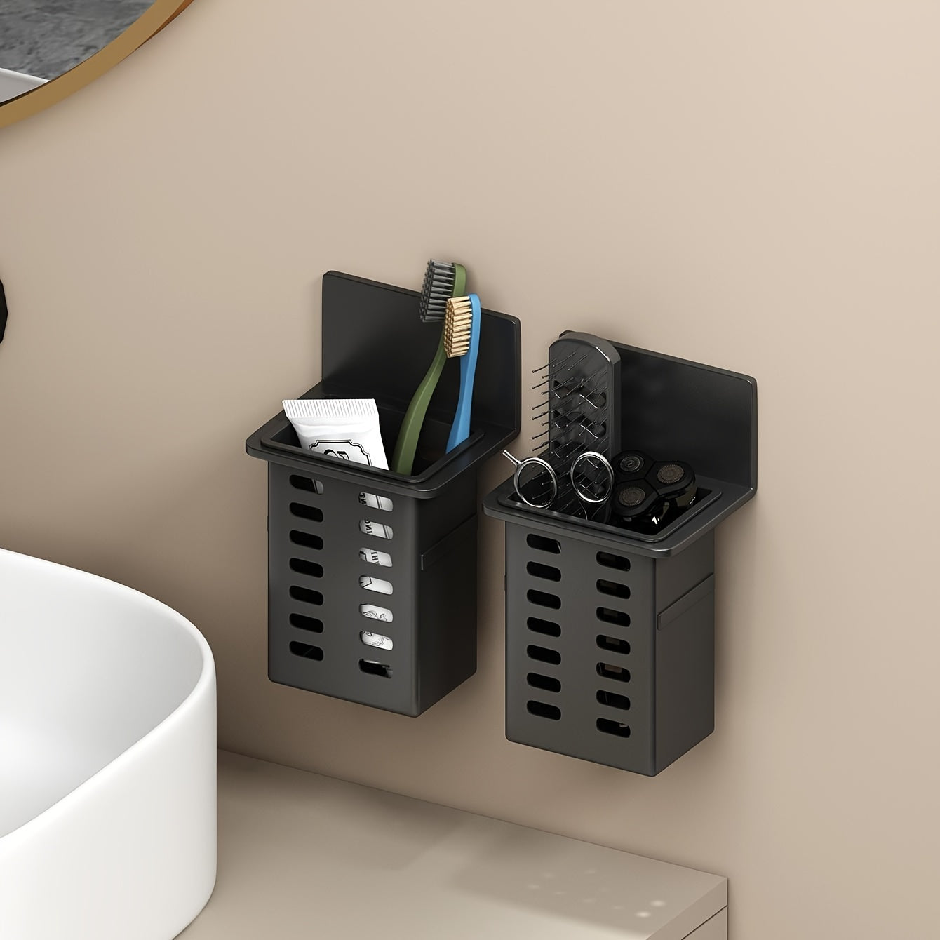 Wall-mounted bathroom organizer made of black, mold-resistant plastic for cosmetics and shower essentials with no-drill installation.