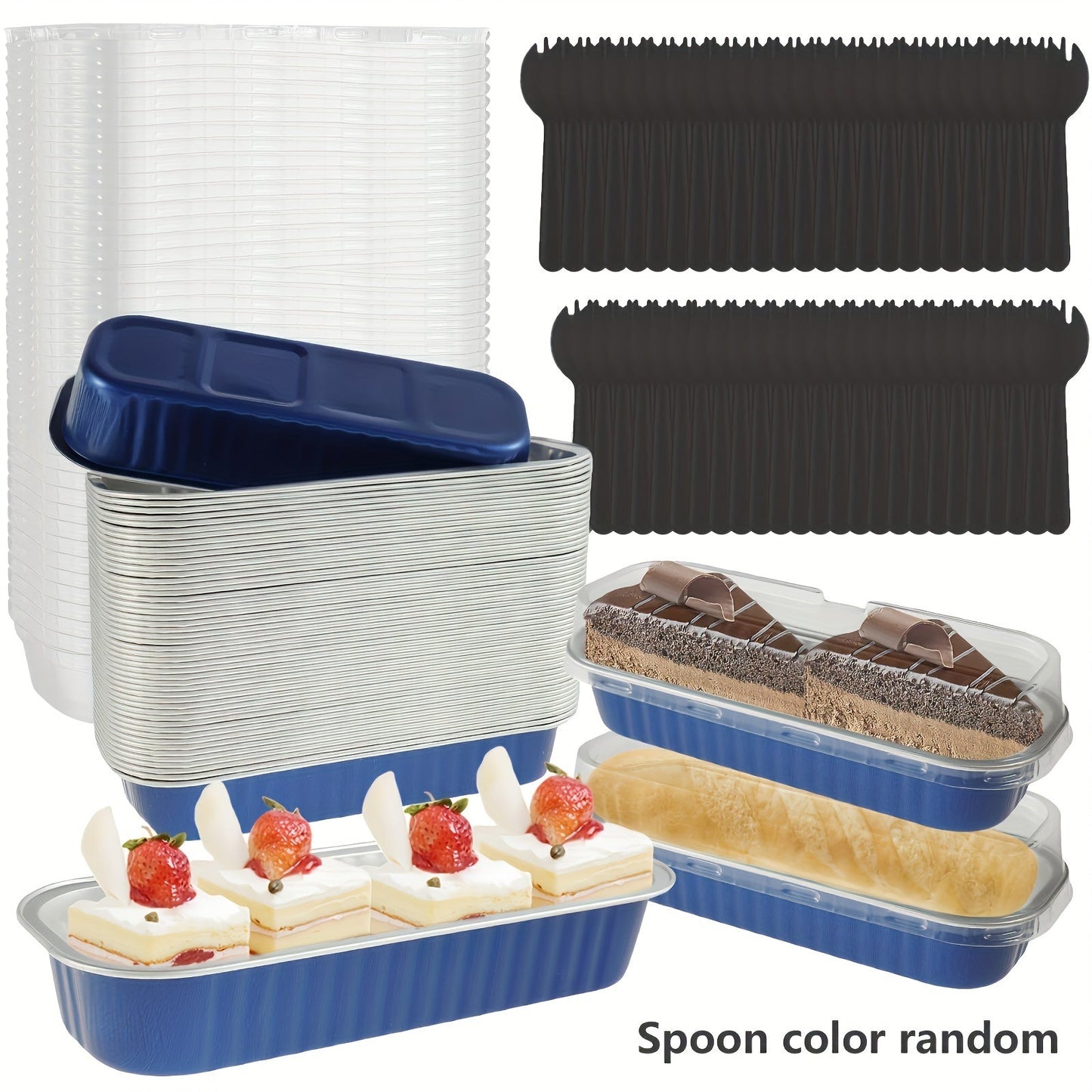 150 mini cake pans with lids and spoons: these non-stick foil baking pans hold 200ml each and are reusable. Perfect for making loaf bread or cupcakes at home.