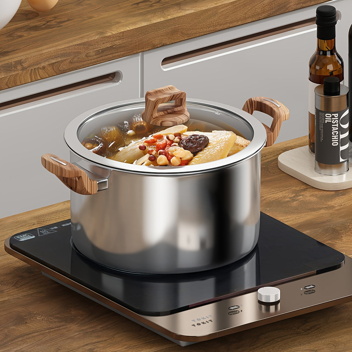 Five-layer composite steel pot for the kitchen, made of thickened food-grade 316 stainless steel. Non-stick and induction cooktop compatible. Features a deep soup pot and thickened steamer with 304 stainless steel lid. Ideal for cooking noodles