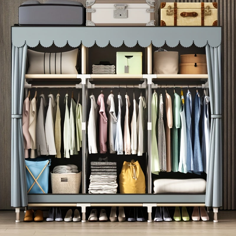 The Simple Clothes Storage Wardrobe features a drawer and dust-proof curtain, making it a convenient and efficient storage solution for your bedroom or entryway. This steel tube wardrobe is easy to assemble and offers a large capacity for organizing your