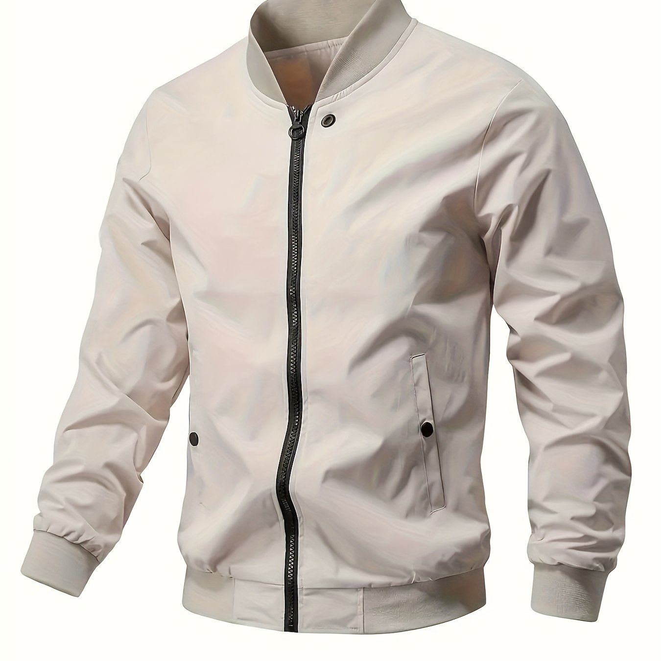 Men's bomber jacket with stand collar, solid color, non-stretch woven acetate, polyester lined, zip-up, lightweight outerwear for spring/fall.