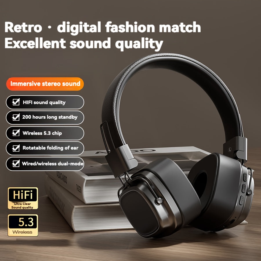 Vintage-inspired over-ear wireless headset with wireless 5.3 chip, perfect for gamers and music enthusiasts.