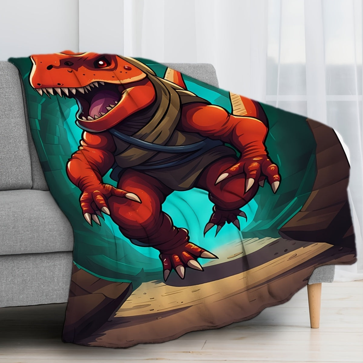 Stay cozy with the DinoDawn Cartoon Adventure Dinosaur Print Knitted Polyester Throw Blanket. This contemporary style blanket is perfect for all seasons, featuring a digital print design and soft, warm comfort. With a fabric weight of 200-250g, this