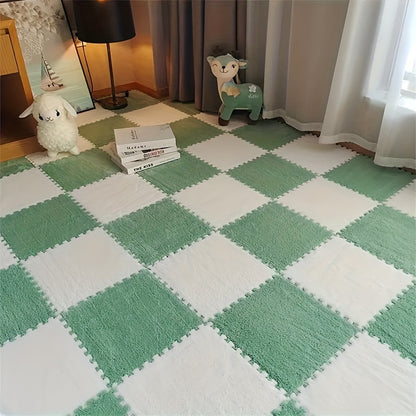 Soft interlocking carpet tiles, suitable for nursery and family living rooms.