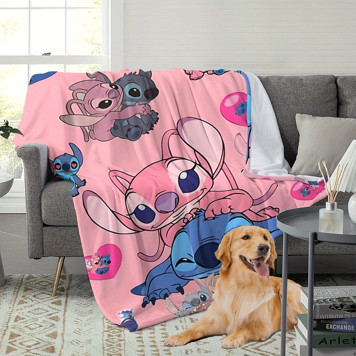 Pink Heart Stitch Cartoon Blanket - Multi-functional Knit Polyester Throw suitable for Every Season, Ideal for Bedroom, Couch, Car, and Journey