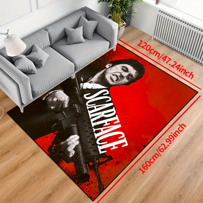 Add a touch of 'Scarface' style with this non-slip mat featuring a red background. Easy to clean and waterproof, available in multiple sizes for use in living rooms, bedrooms, entryways, outdoor patios, and gardens.