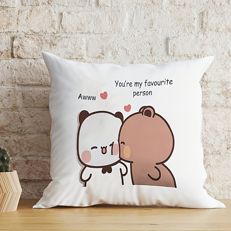 This Contemporary Style Panda Couple Pillow Cover is a perfect gift for her. The 45.72x45.72 cm square cushion case is made of woven polyester, machine washable, and has a zipper closure. Ideal for various room types, this adorable pillow cover adds a