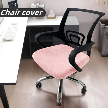 Machine washable pink velvet chair cover fits swivel and computer chairs, adds modern flair to home office décor.