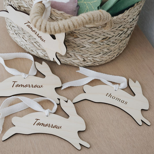 Unique Easter Bunny Name Tags - Handcrafted Wooden Basket Charms & Egg Labels for Your Baby's First Easter, Great for School Functions and Customized Presents