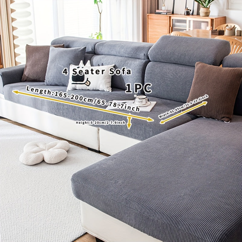 Stretchable polyester sofa cover with elastic band, pet-friendly polar fleece material, machine washable, fits armchair to sectional sofas, home decor slipcover for furniture.