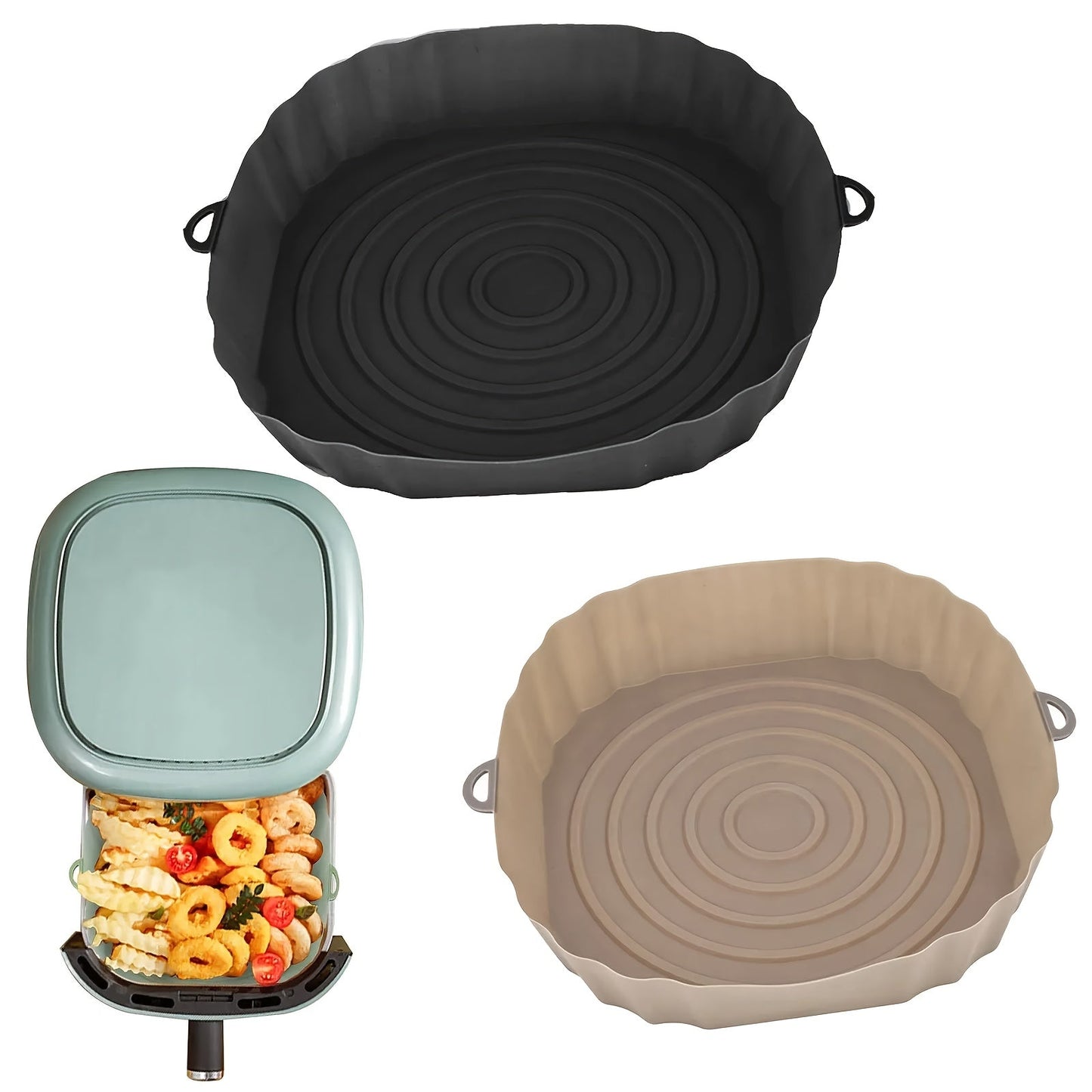 Two silicone air fryer liners, non-stick and reusable bakeware that is easy to clean and durable kitchen accessories designed to line your air fryer.