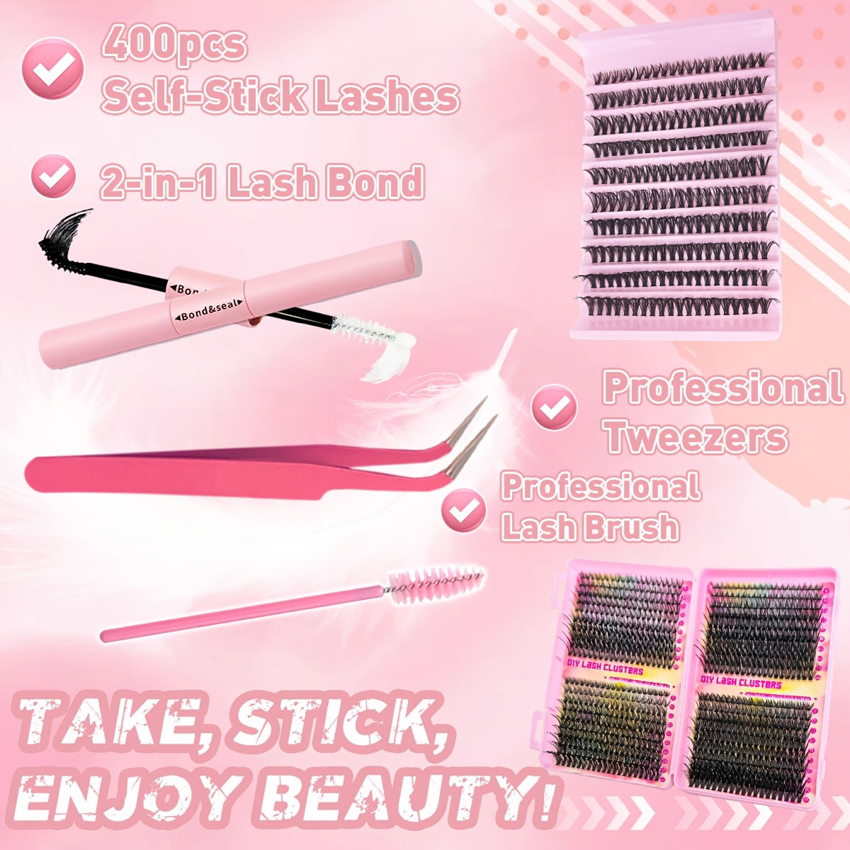 DIY lash extension kit with D curl individual lashes. Contains 200/400/800pcs of lash clusters for fuller, longer lashes. Can be reused.