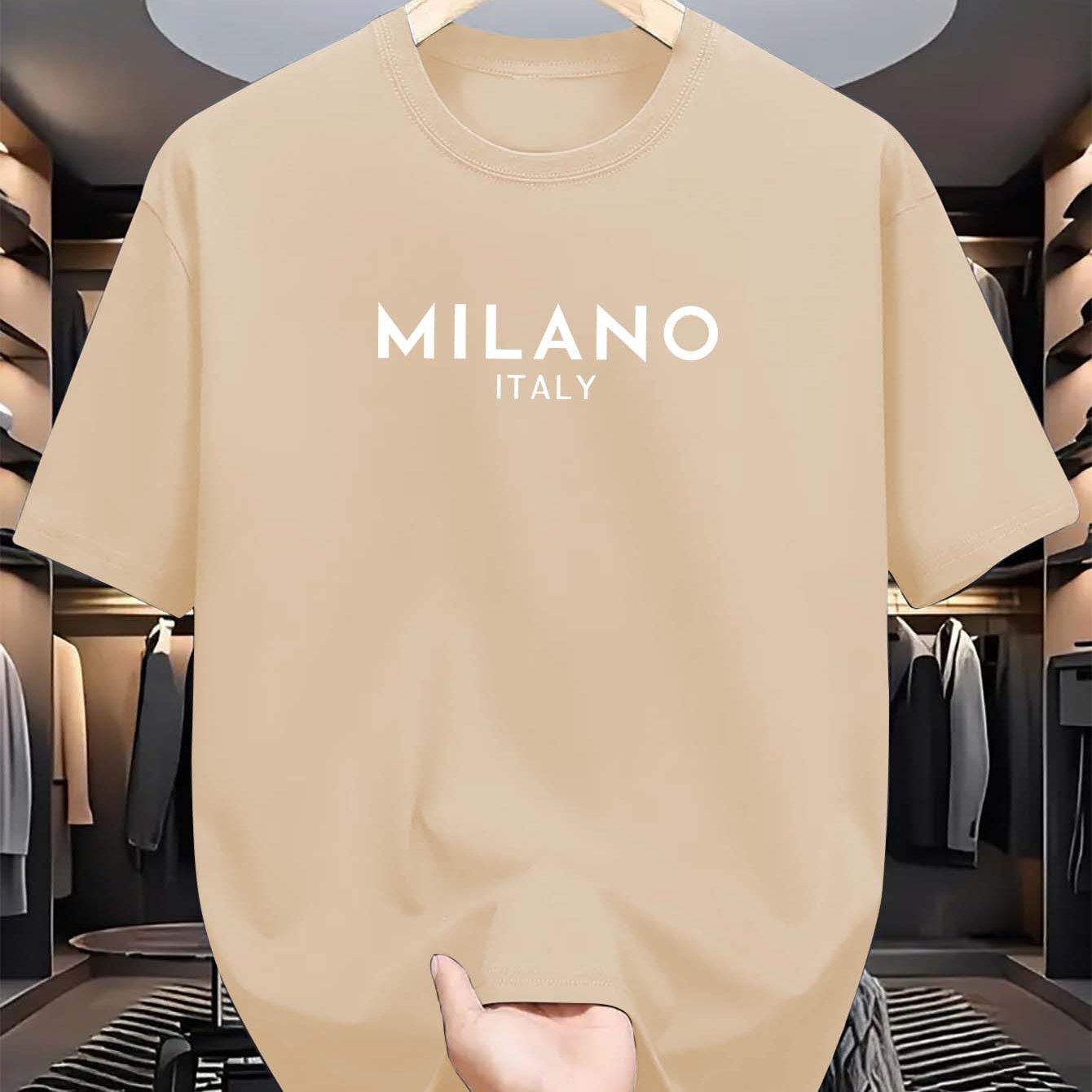 Men's Milano Italy Print T-Shirt, Casual Crew Neck Tee with Polyester Knit Fabric, Summer Short Sleeve Top with Stretch, Fashionable Regular Fit for Adults.