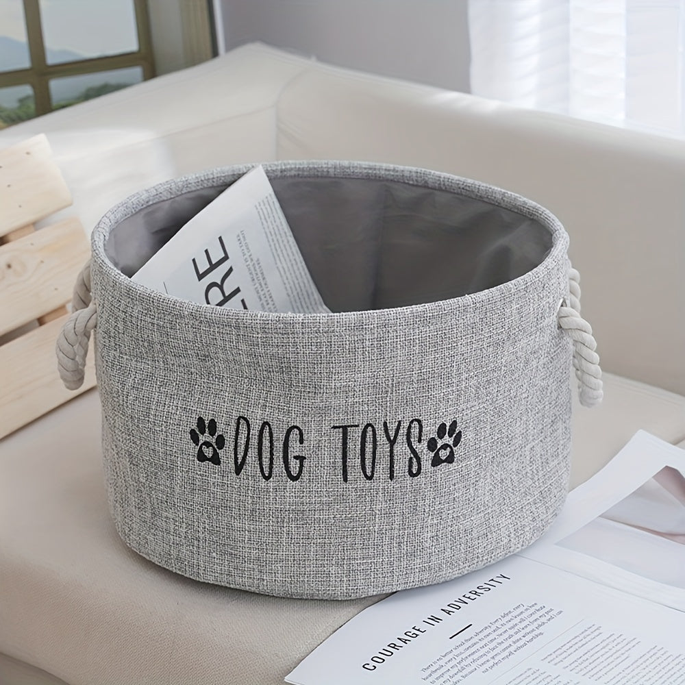 Canvas basket for storing dog toys.