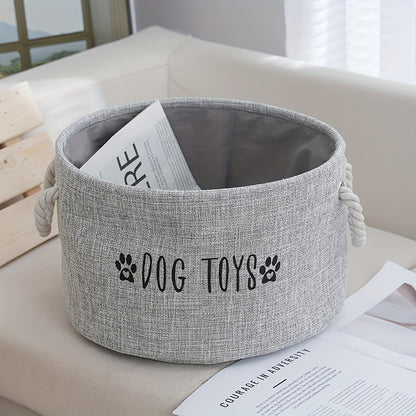 Canvas basket for storing dog toys.