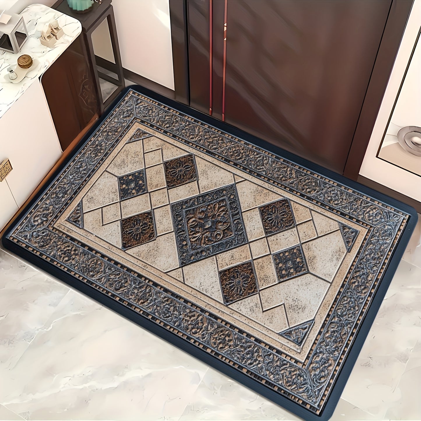 Rectangular door mat with decorative ceramic tile pattern, suitable for indoor and outdoor use. Made of machine washable polyester, ideal for living room, bedroom, kitchen, and office.