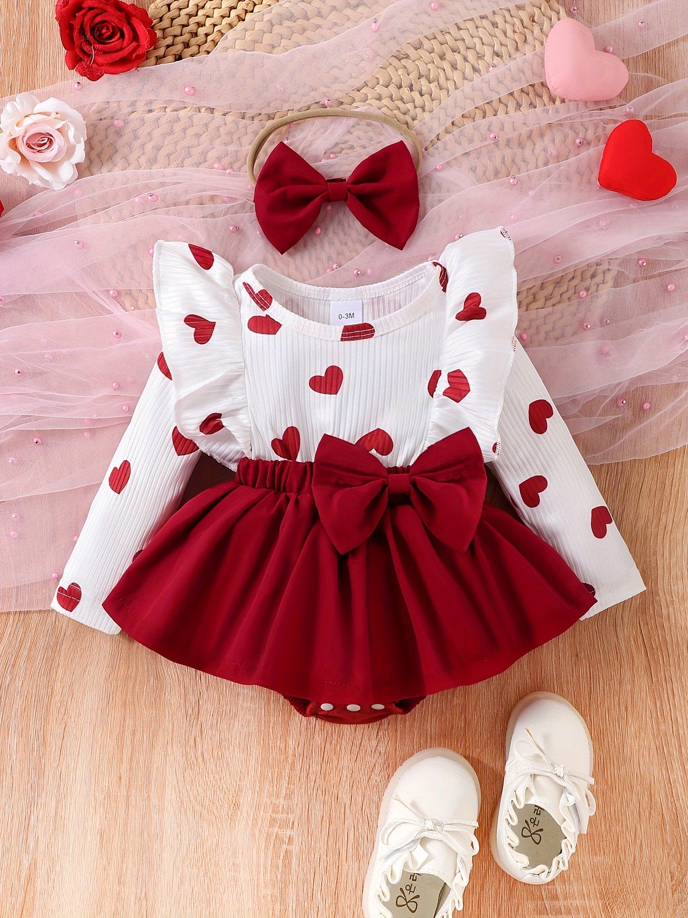 Heart print dress set with bow detail, made from polyester knit fabric in a regular fit for fall/winter, comes with matching headband - P100996, perfect for outdoor wear.