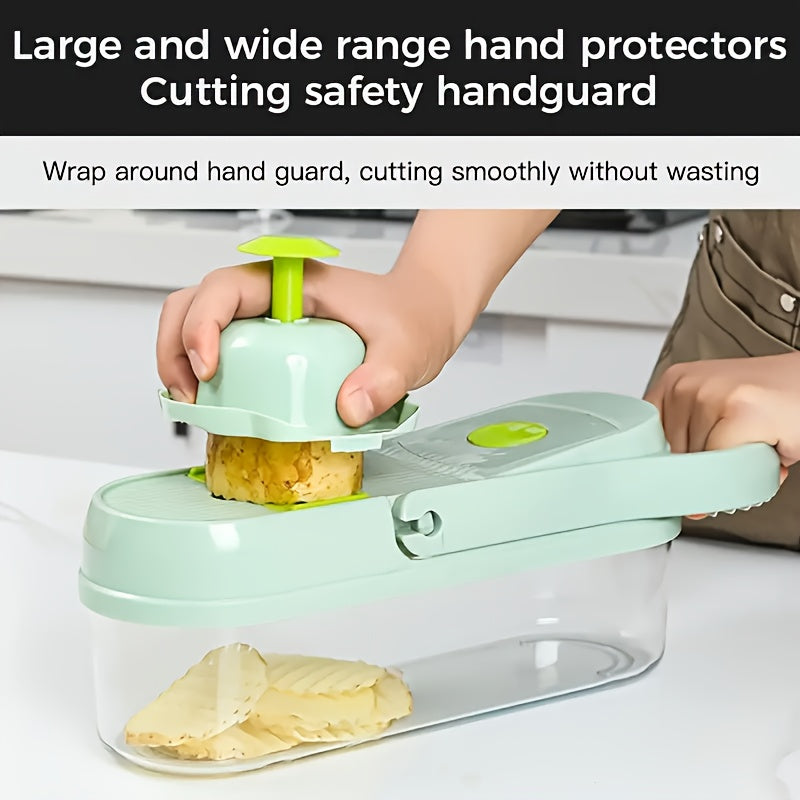 A versatile vegetable chopper set that includes a multifunctional fruit slicer, manual food grinder, and cutter with container. This onion chopper comes with multiple interchangeable blades for slicing and dicing. Perfect for home use, making potato