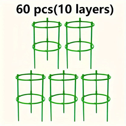 60 green plastic flower pot stakes with 10-layer stackable plant support rings for potted plants. Includes flower support hooks and hangers for outdoor gardening.