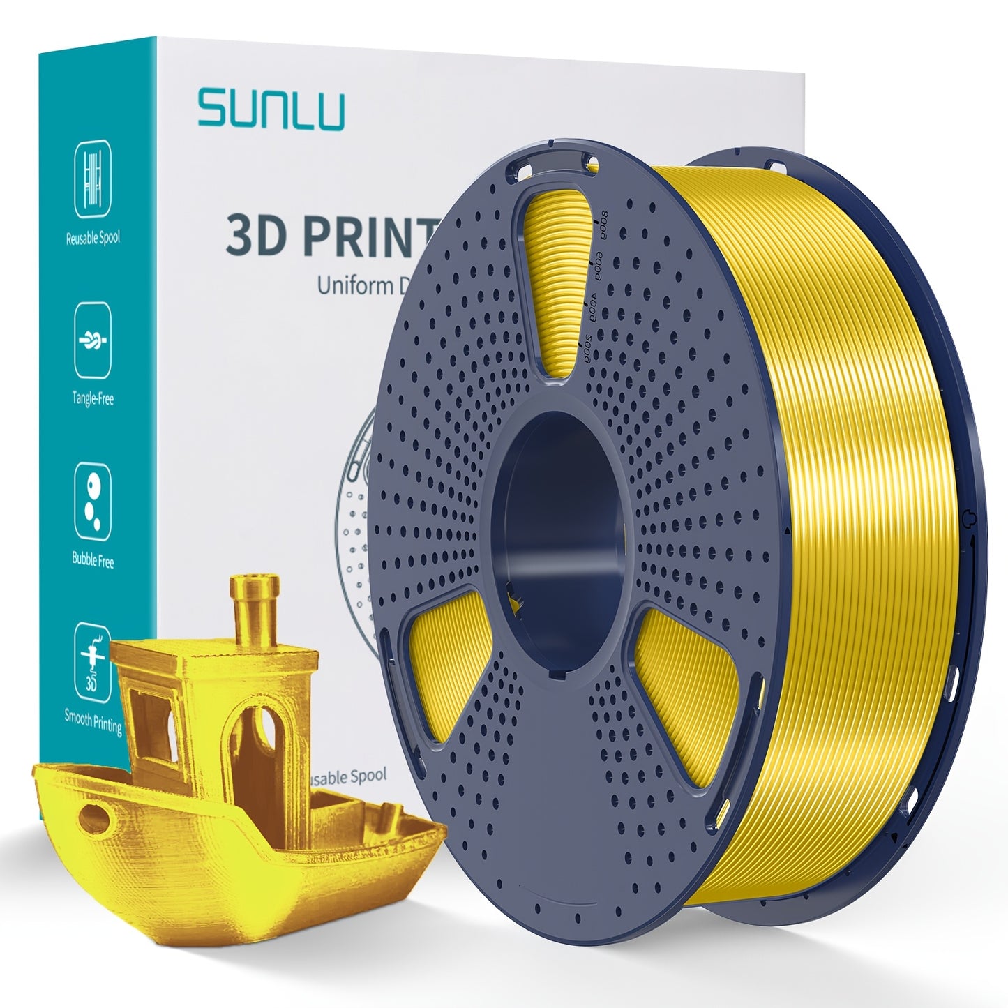 1kg of SUNLU Shiny PLA 3D Printer Filament, 1.75mm, with Smooth Surface and Dimensional Accuracy +/- 0.02mm in Light Golden Color.