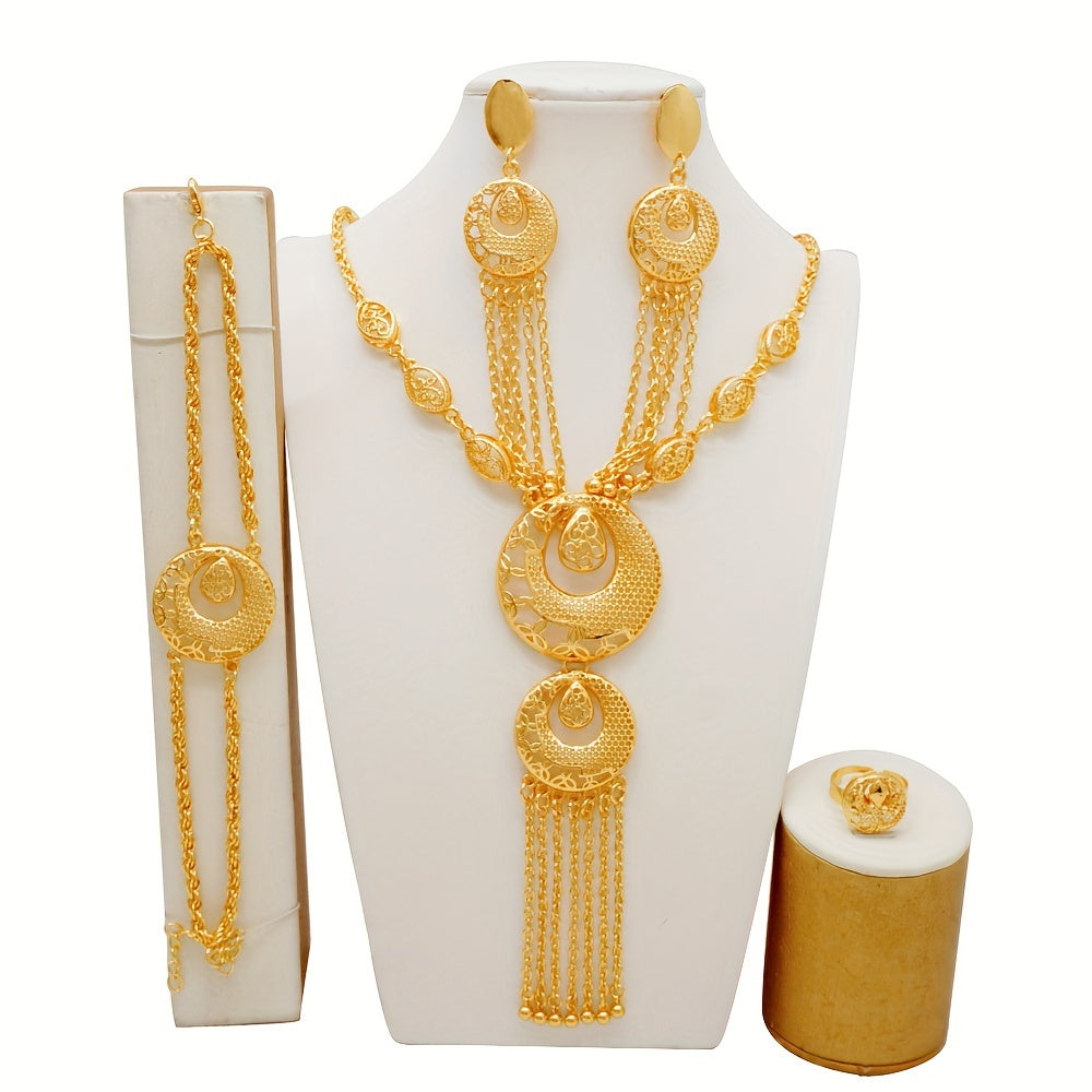 Elegant Urban Fashion Jewelry Set with 24K Gold Plating - Includes Zinc Alloy Tassel Necklace, Earrings, Bracelet, and Ring - Ideal for Weddings and Special Events - No Mosaic Design