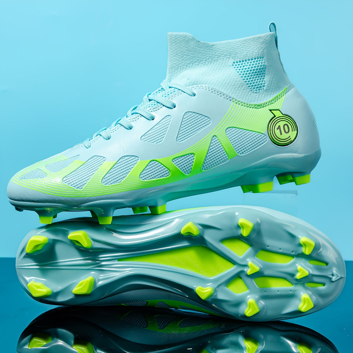 High-top men's soccer cleats with long studs, white & teal design for outdoor training and matches.