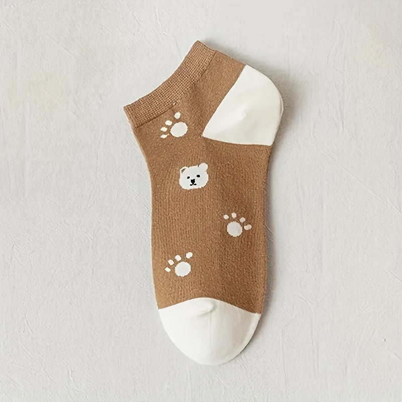 5 cute bear design ankle socks for women. Made of soft polyester and spandex blend, lightweight and cute for casual wear.