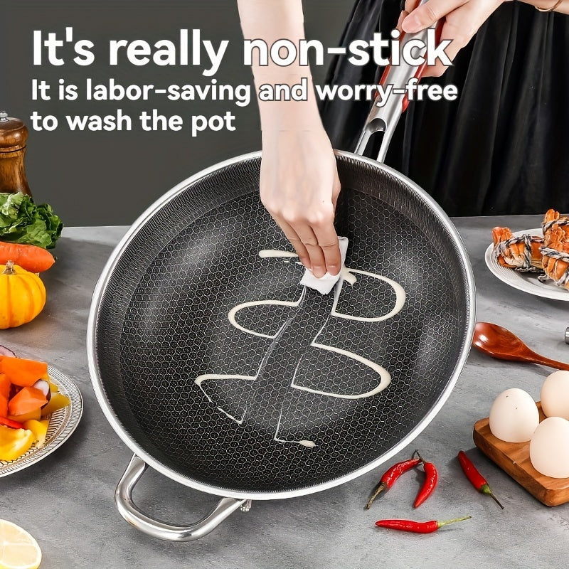 Stainless Steel Wok with Glass Lid and Honeycomb Non-Stick Coating - Features Full Screen Anti-Scratch Vertical Pot Cover, Dual Anti-Stick Shovels, and Scratch-Resistant Design - Perfect for Gas and Induction Cooktops