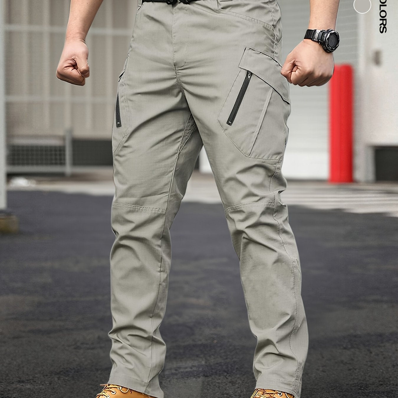 Men's Tactical Cargo Pants in solid color, made with 100% polyester. Features street style, regular fit, all-season wear, slight stretch, multi-function pockets, and zipper. Suitable for