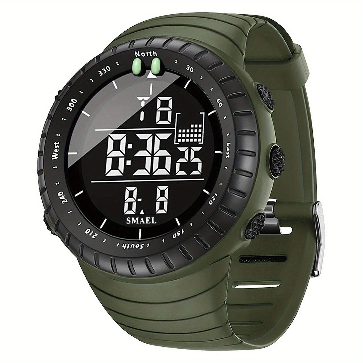 An ideal gift for men, this sports watch features a black dial with LED display and includes alarm clock, stopwatch, and 12/24 hour format options.