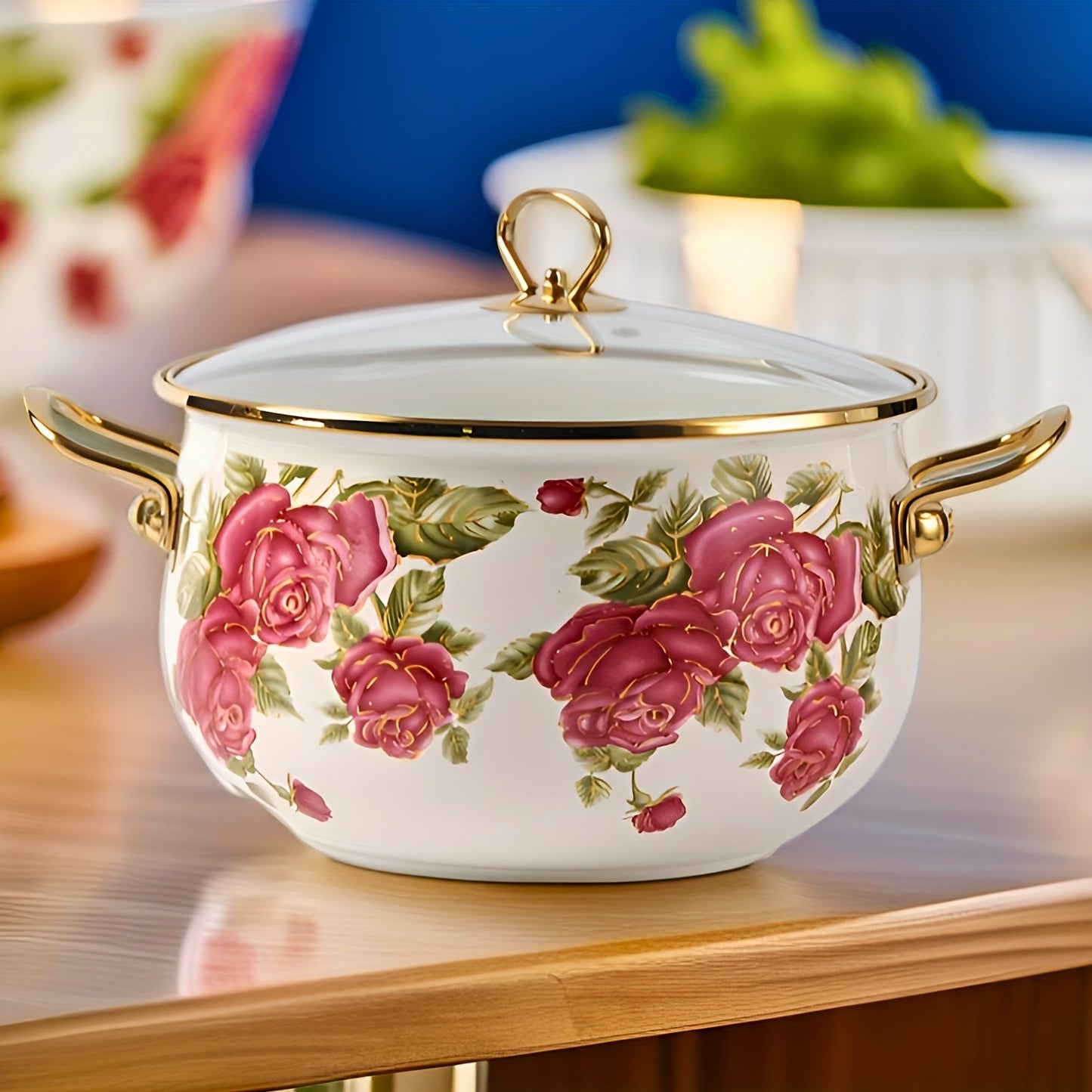 Luxurious stockpot with gold handle and lovely rose flower enamel design. Comes with a durable glass lid and is offered in four different sizes. Perfect for high-end cooking in your home or outdoor kitchen.