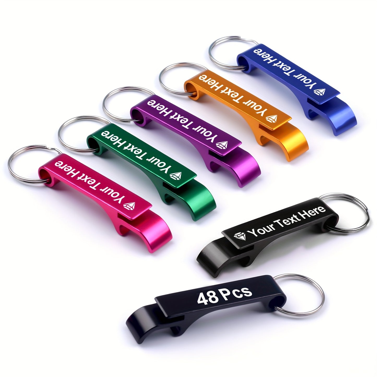 48 Custom Engraved Bottle Opener Keychains for Weddings, Birthdays, Holidays - Multi-Color Aluminum