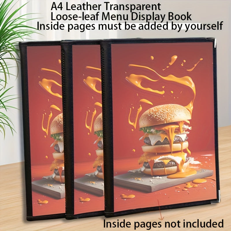 A set of 4pcs A4 leather menu display books with transparent loose-leaf pages, perfect for showcasing menus and recipes in restaurants. Includes PVC loose-leaf recipe book and cash register folder. Ideal for kitchen organization and storage.